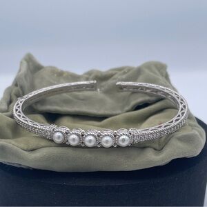 Judith Ripka 925 Sterling Silver Cultured Pearl CZ Pavé Cuff Hinged Bracelet